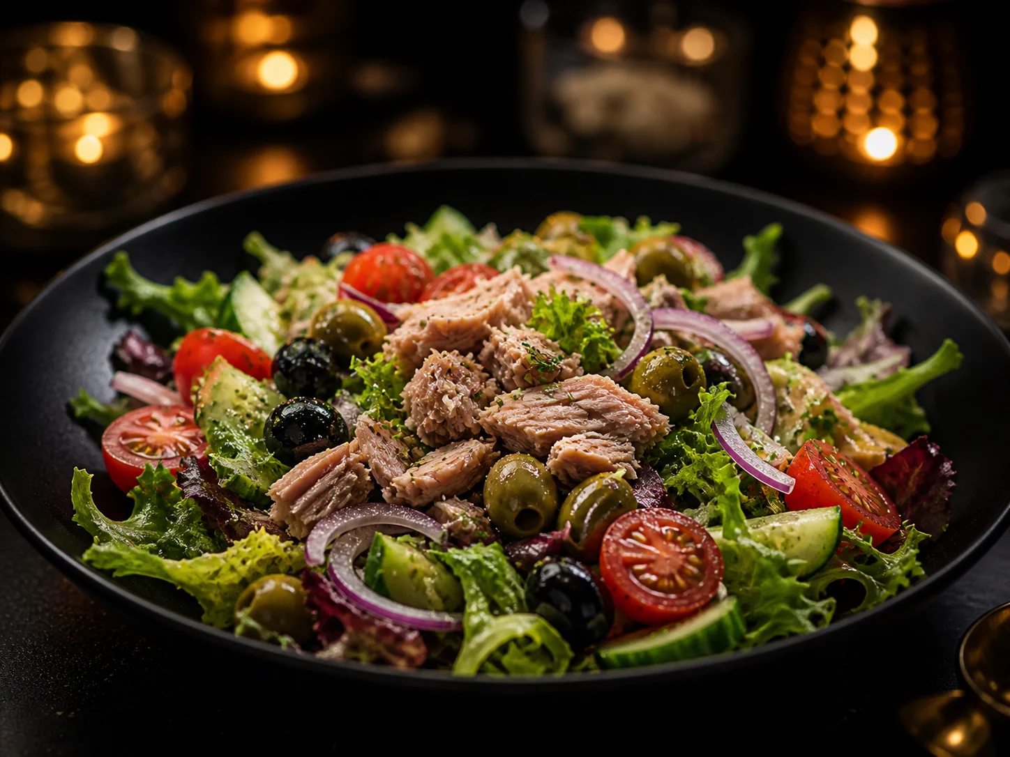 Miešaný zeleninový šalát s tuniakom, olivami a červenou cibuľkou - Kráľovský Catering