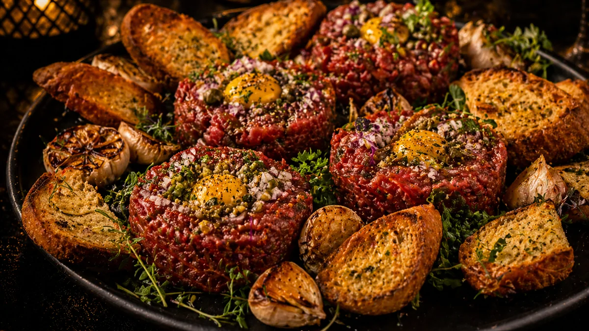 TATARSKÝ BIFTEK – hovädzia sviečková, hrianky, cesnak - Kráľovský Catering