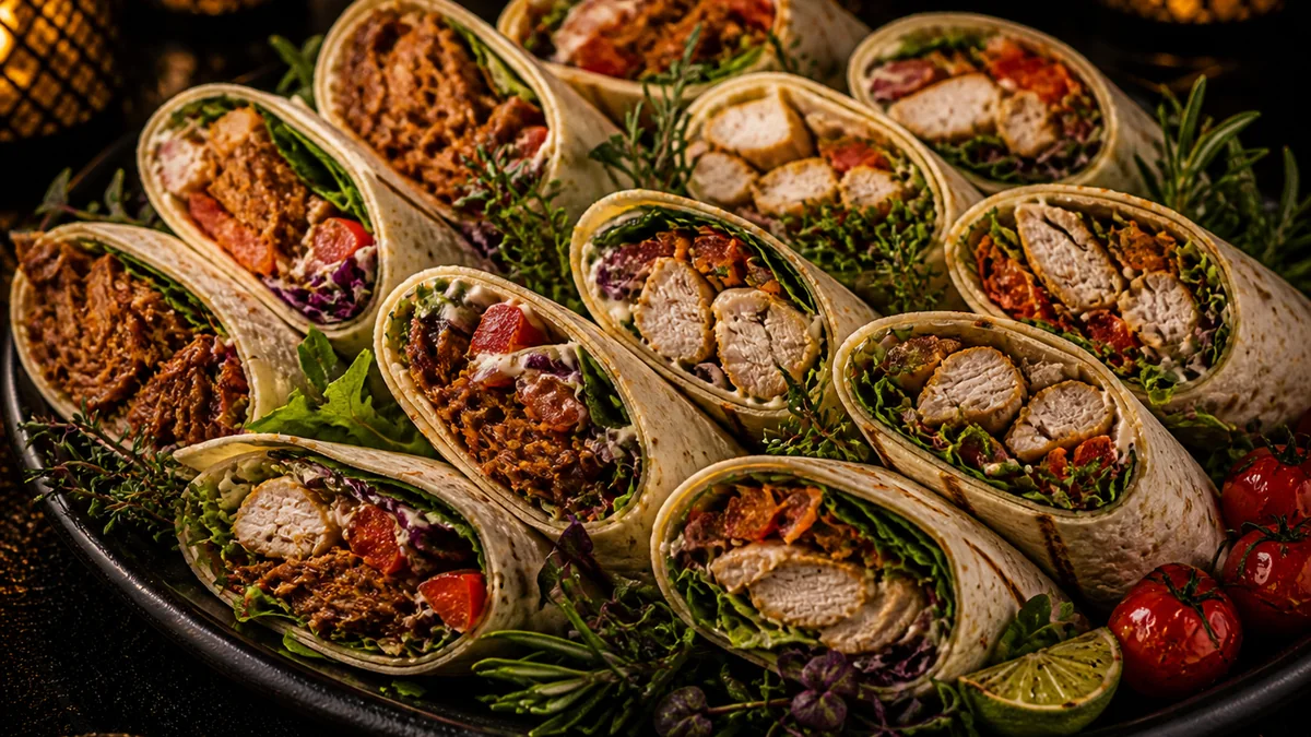 TORTILLA – trhané bravčové / grilované kuracie – dressing, zelenina - Kráľovský Catering